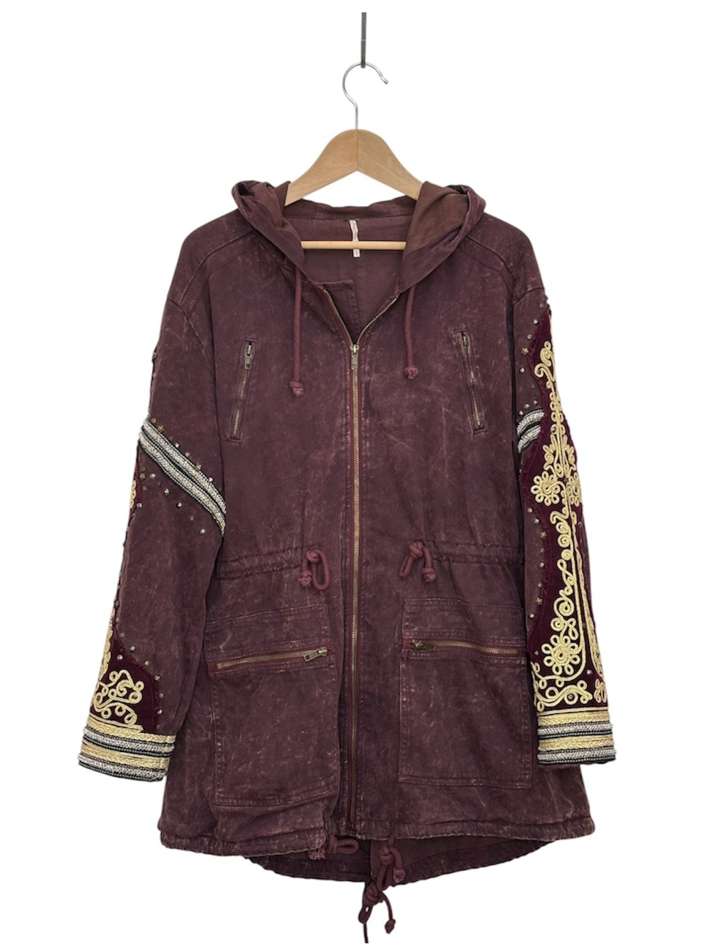 Free People Golden Quills Military Parka Jacket Size S Boho Merlot Burgundy - Picture 5 of 14
